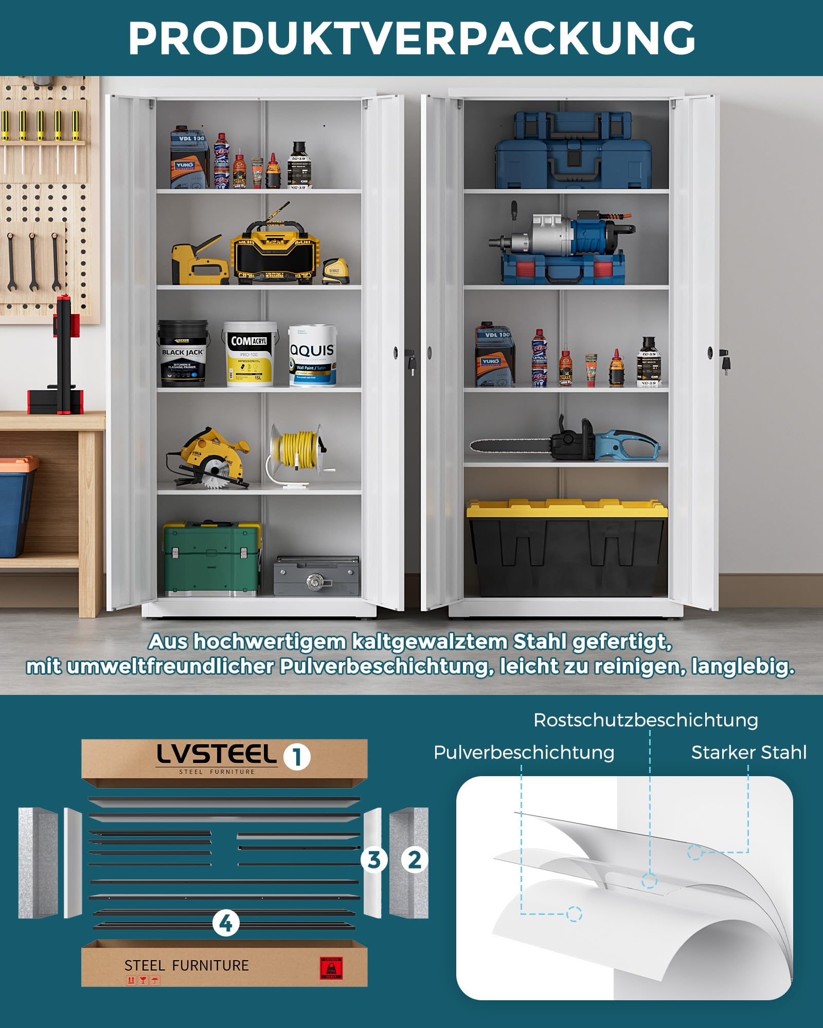 Aktenschrank, abschließbarer Mehrzweckschrank mit 4 höhenverstellbaren Einlegeböden, Stahl-Büroschrank mit 2 Türen, Weiß, 181.5×80×40 cm