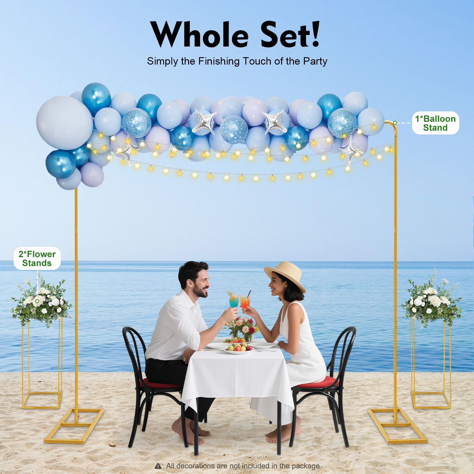 Arche de mariage en métal de 2 x 2 m - Avec 2 supports de fleurs de 80 cm de haut - Support pour ballons - Support de fond pour mariages, fêtes d'anniversaire, banquets - Doré
