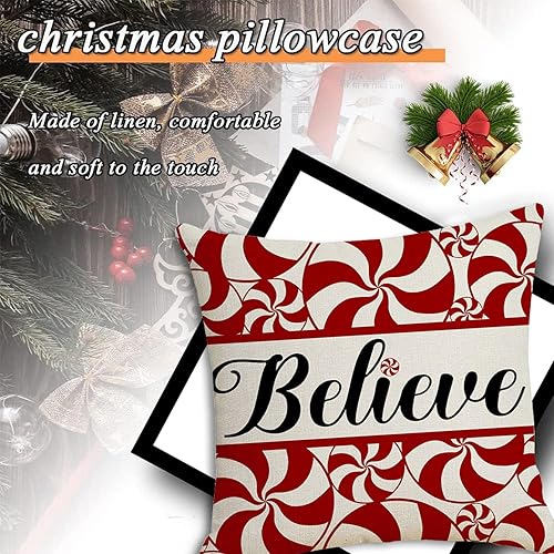 Miniatura 4 de Juego de 4 fundas de almohada navideñas de 18 x 18 pulgadas, decoraciones navideñas de granja Believe Holly Jolly Merry Christmas, fundas de