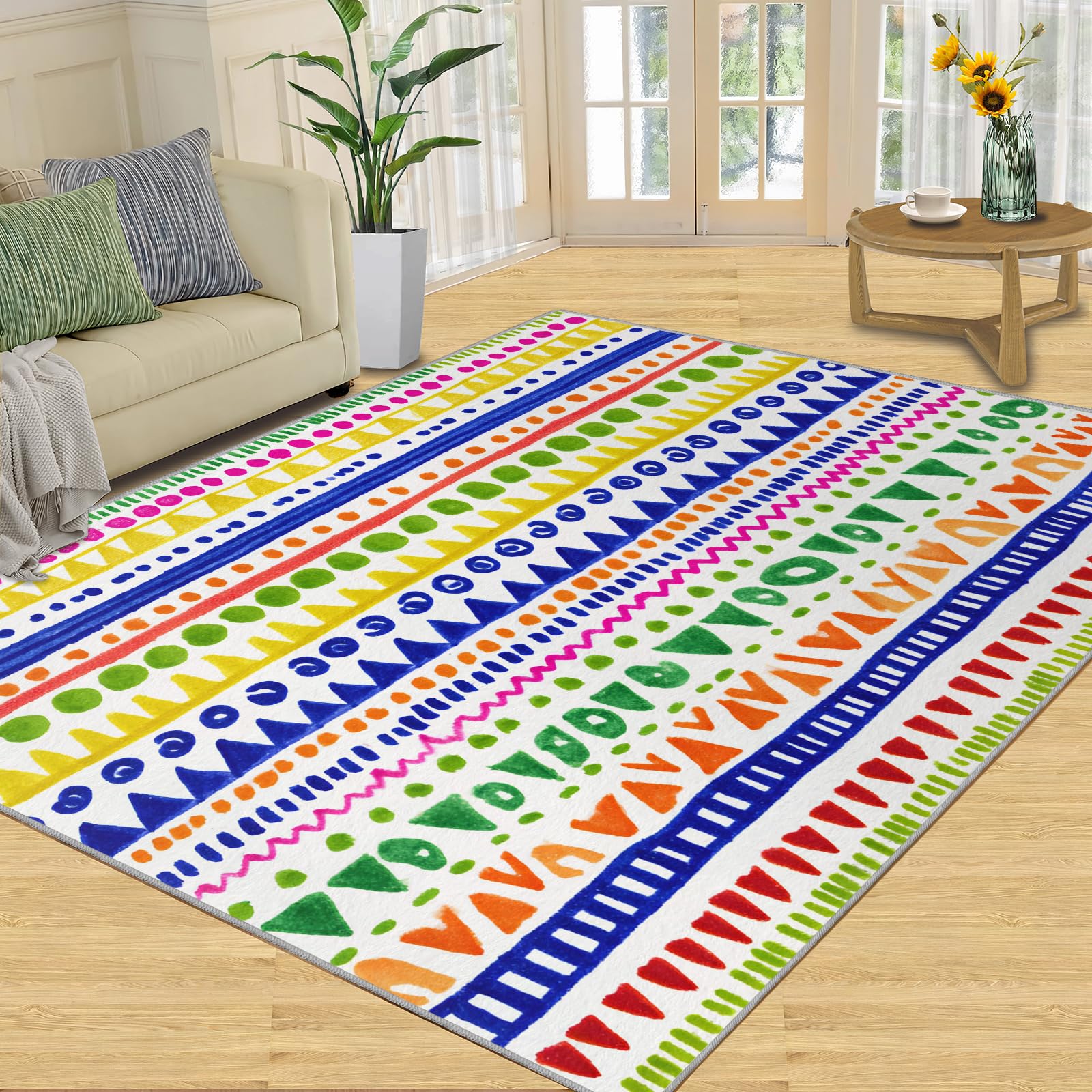 Tapis de salon antidérapant lavable style amérindien à poils bas