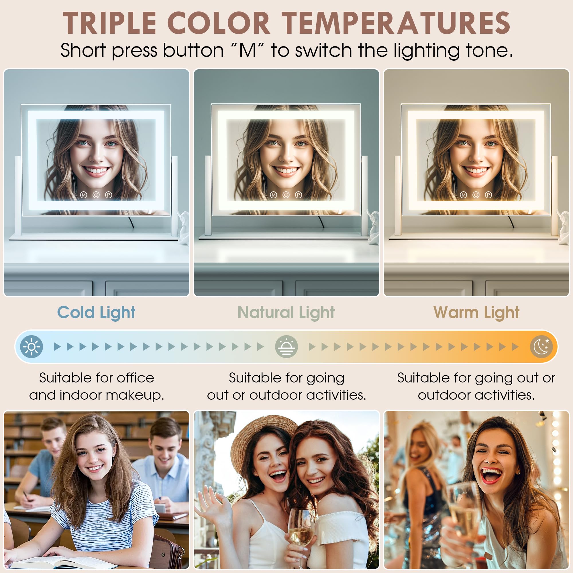 LuxeVue Espejo de Maquillaje con Luces, Espejo de Tocador con 3 Modos de Iluminación, Espejo con Luz, Sensor Táctil, Giratorio 360°, Marco de Metal, Regalo para Mujeres