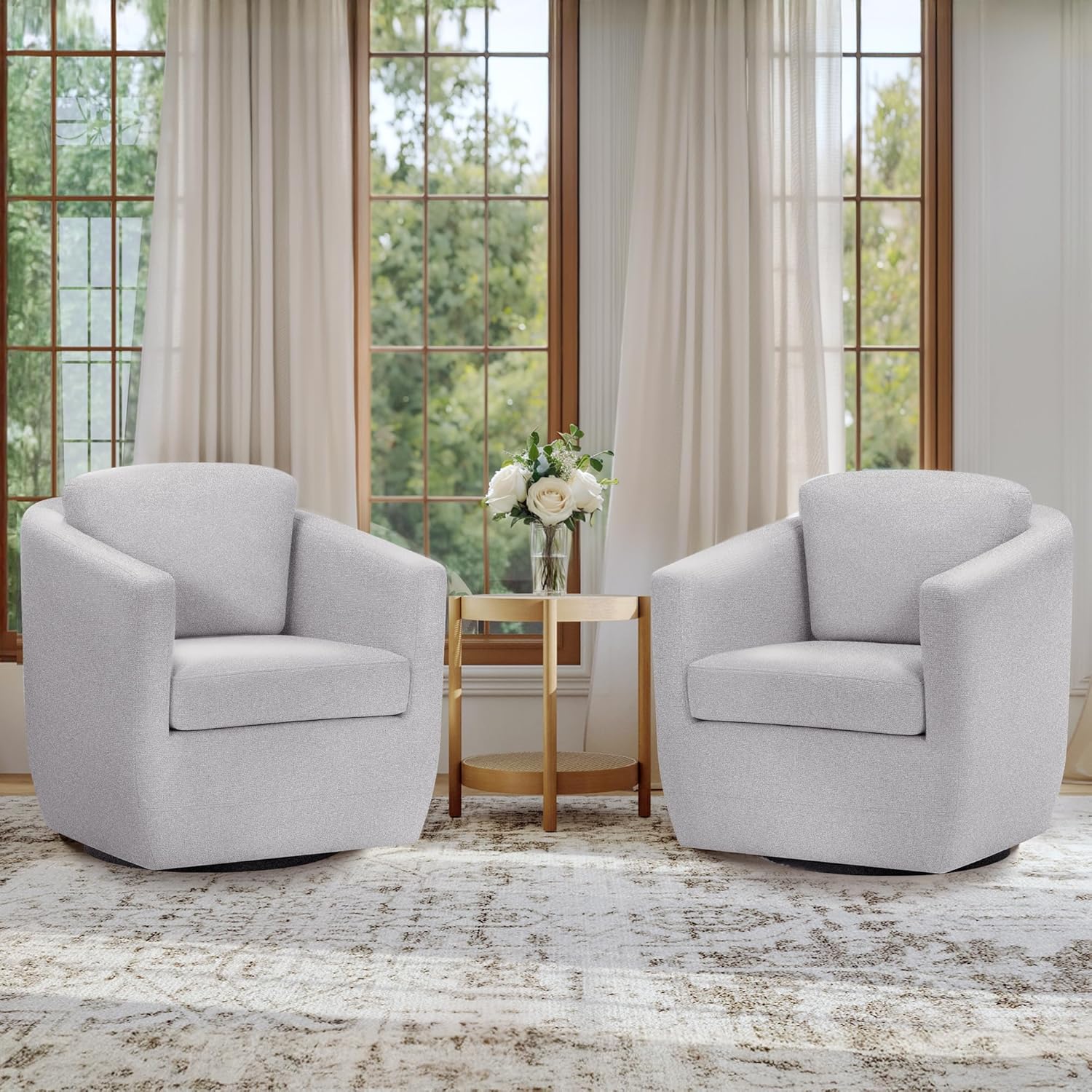 colamy swivel accent chair, round upholstered swivel barrel armchair metal base fabric chair modern no assembly sofa chair for living room bedroom reading apartment nursery, light grey(2pc)