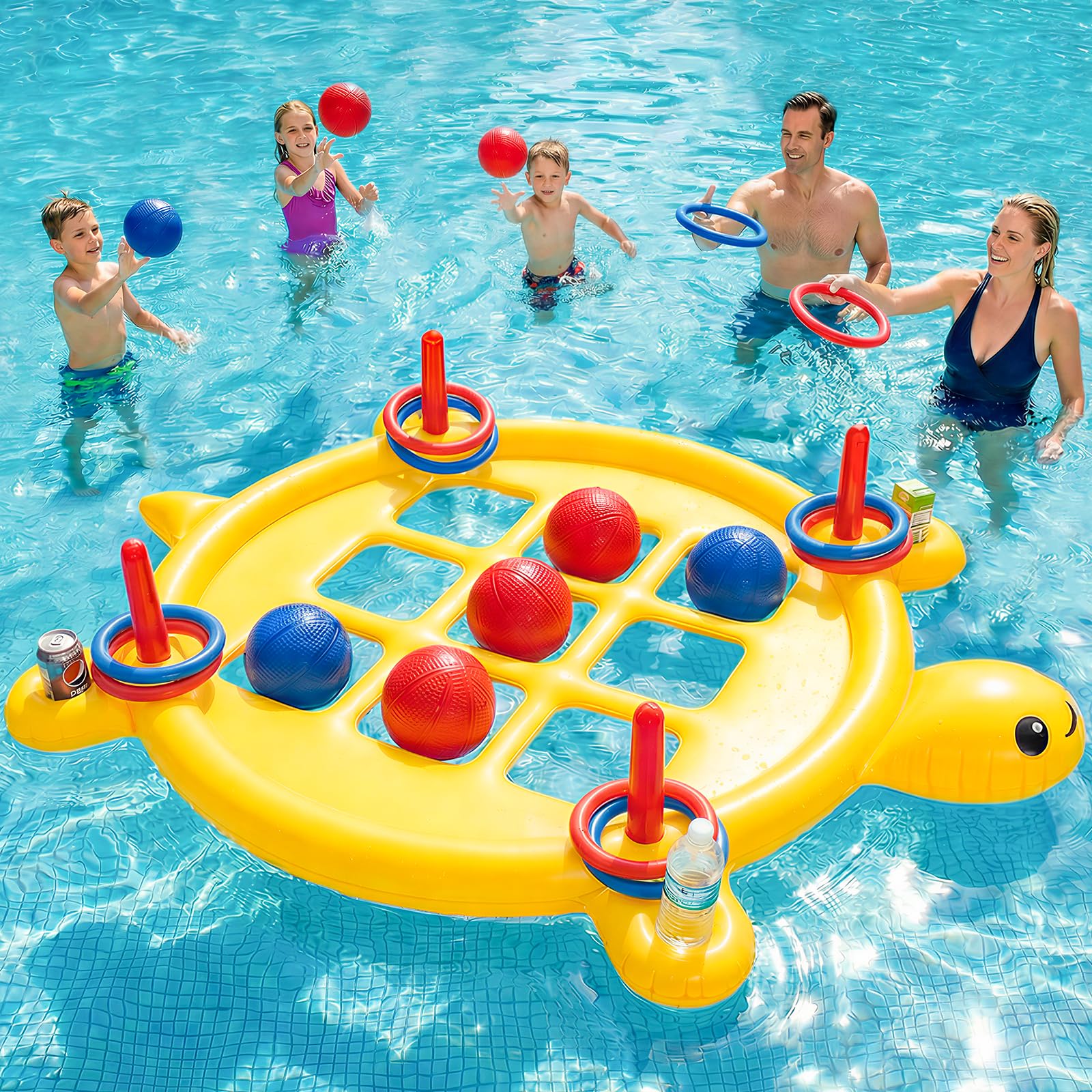 2-in-1 Pool Toys Games Set, Inflatable Tic Tac Toe with 10 Balls & 10 Rings for Adults Teens Kids, Giant Floating Tic-Tac-Toe with Cup Holder, Ring Toss, Large Outdoor Garden Family Fun Activity