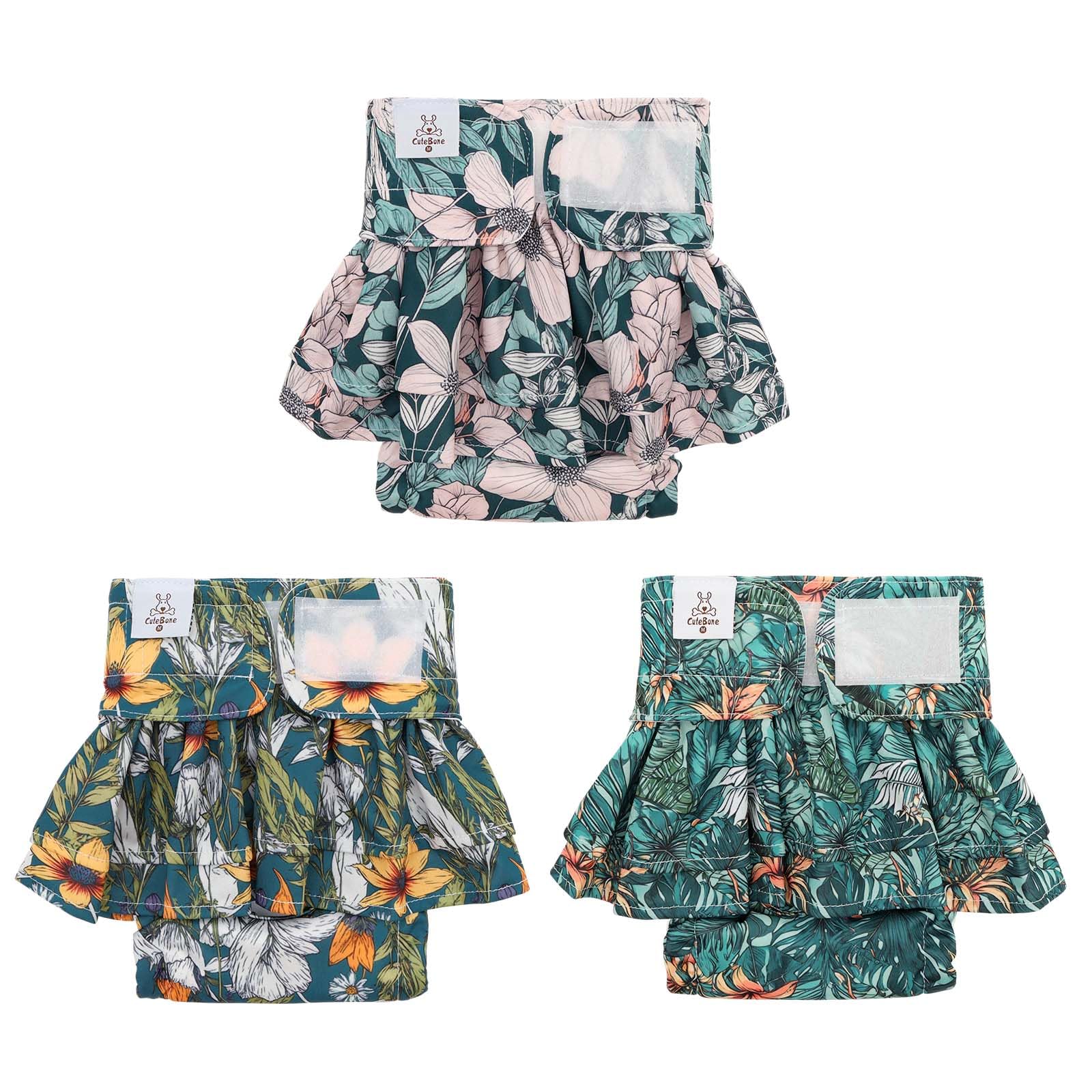 CuteBone Female Dog Diapers with Skirts 3 Pack Reusable Puppy Dresses Pants for Heat Cycle Period QBD26L
