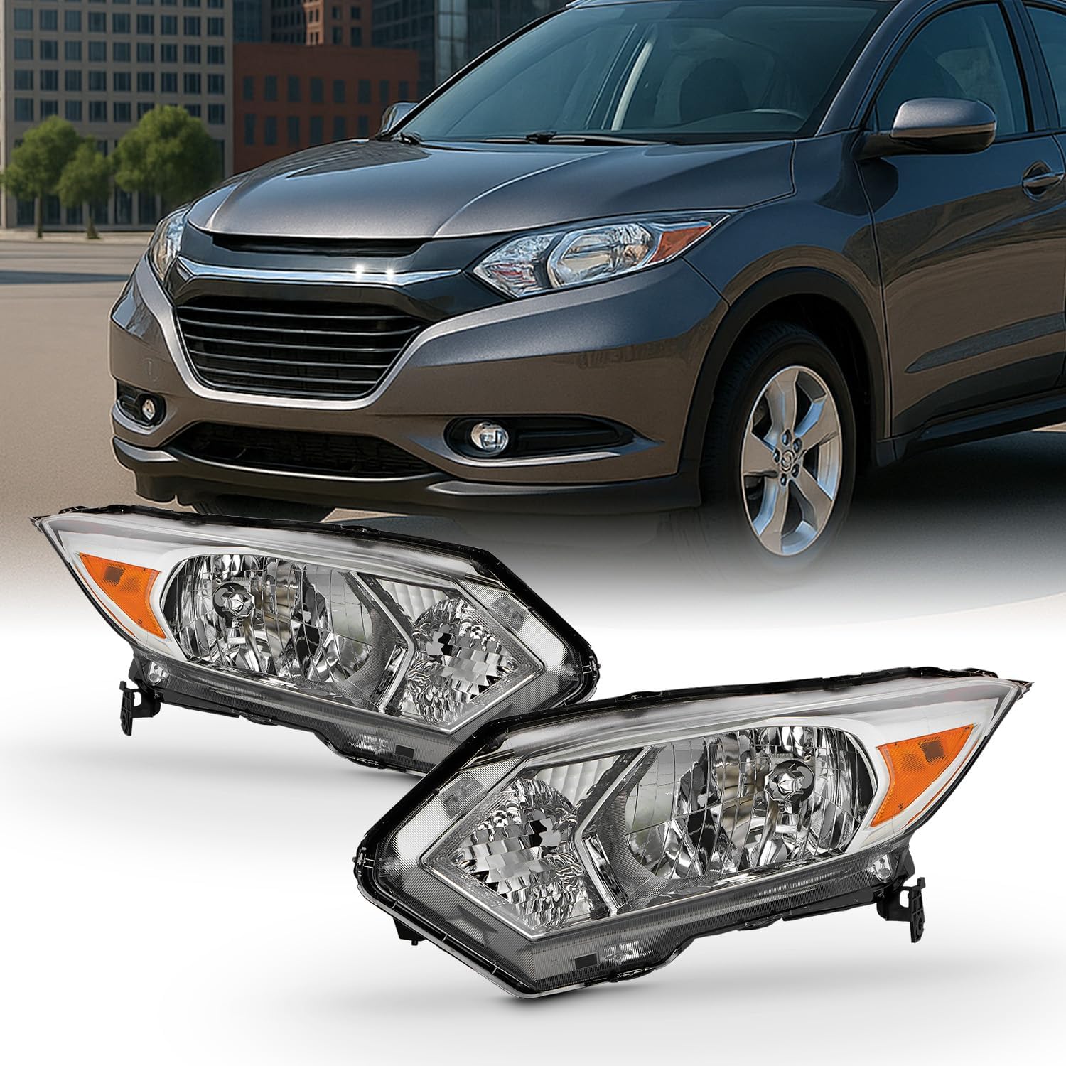 AKKON - Fits 2016 2017 2018 Honda HR-V HRV [Halogen Type] Chrome Headlights Pair Driver+Passenger Replacement