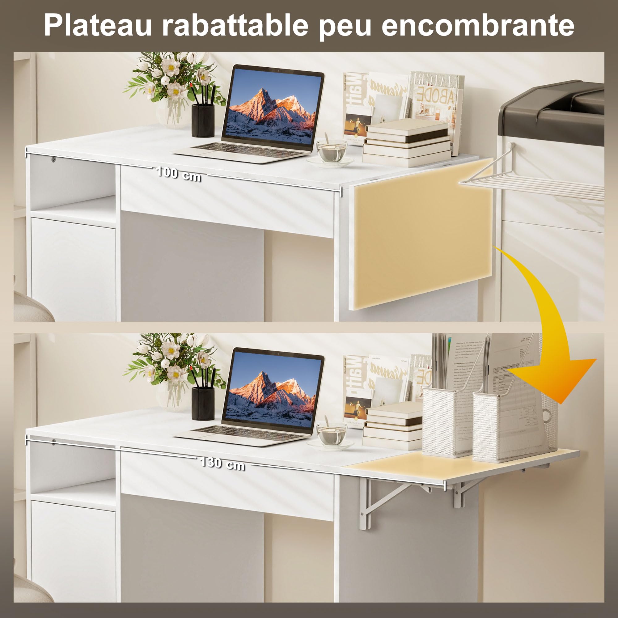 HOMCOM Escritorio Ordenador Plegable móvil sobre Ruedas 130x58cm Blanco | Escritorio con almacenamiento, cajón, estación de trabajo para espacios pequeños, dormitorio, sala de estar