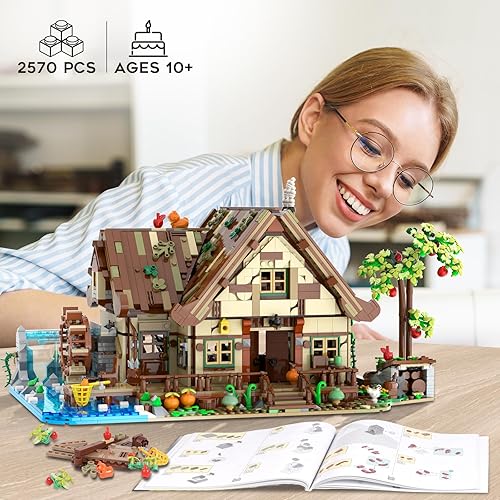 Miniatura 8 de Juego de construcción de cabaña de madera con luz, 2570 piezas de madera de bosque de juguete con estanque de agua, modelo de construcción de casa