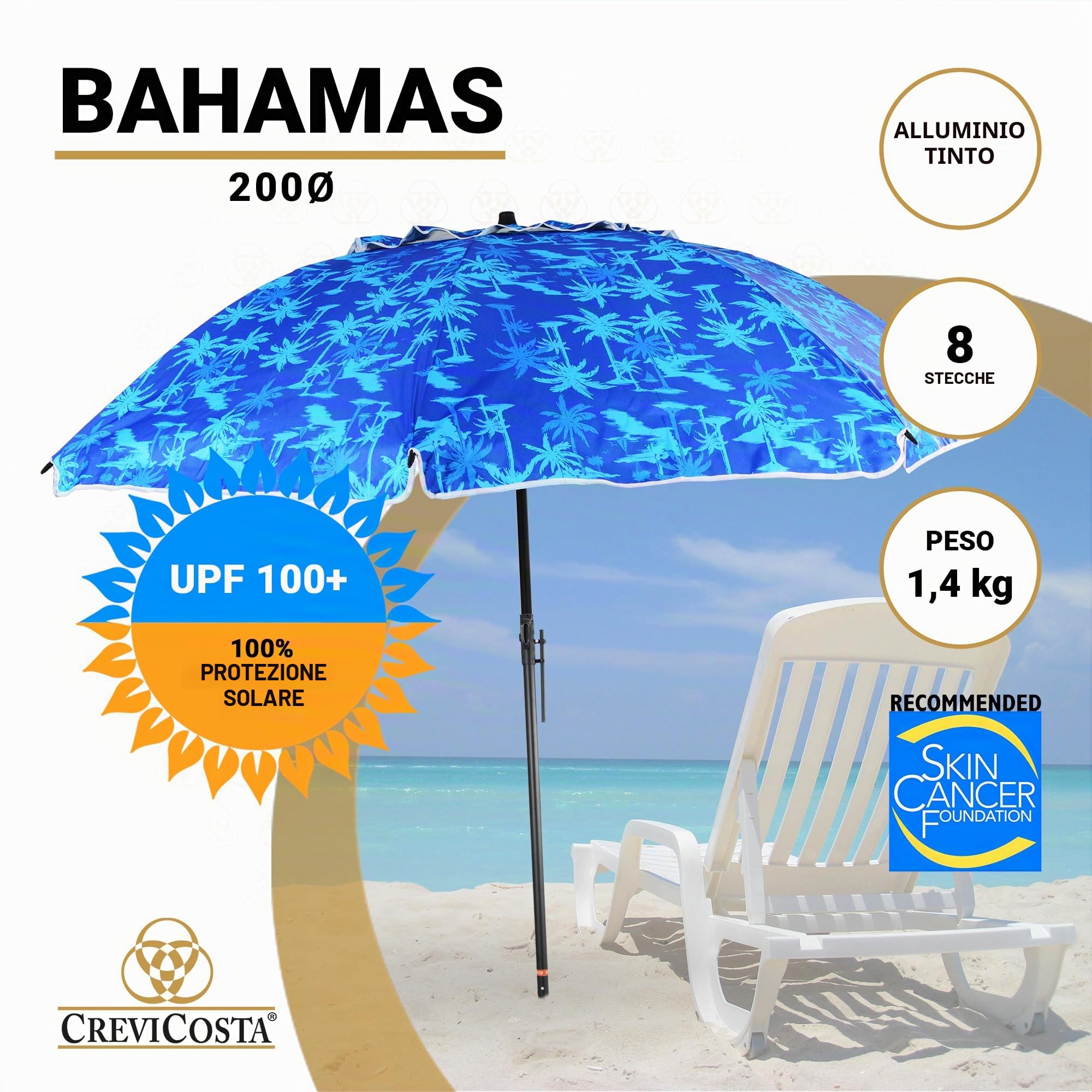CREVICOSTA QUALITY MARK MARCAS DE CALIDAD - Ombrellone da spiaggia 200 cm con spirale e palo di viaggio totale. Protezione totale contro i raggi UV (Bahamas), Bahamas, 200 cm, Tropicale
