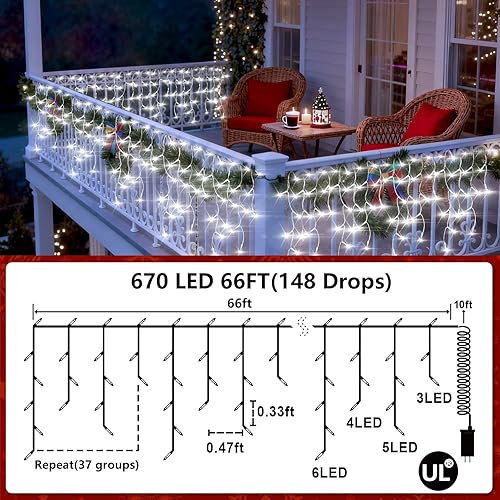 Miniatura 7 de 666 luces LED de Navidad para exteriores, tira de luces blancas frías de 66 pies para interiores con 148 caídas, 12 modos, luces de cortina