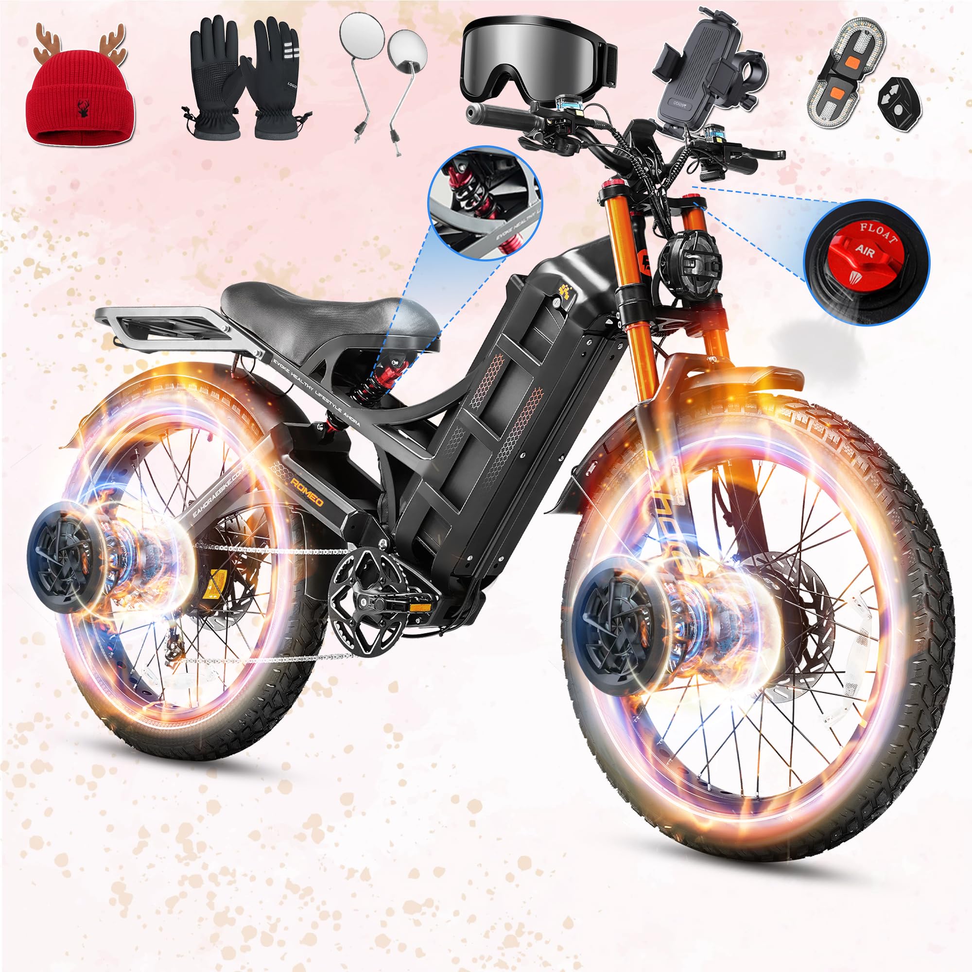 eAhora 2025 Romeo Pro 3/2 50-46Mph Electric Bike for Adults 5600W/4000W/2500W Dual Motor Ebike 60V/80Ah 52V/70Ah Long Range Fat Tire Full Suspension Electric Mountain Bicycle