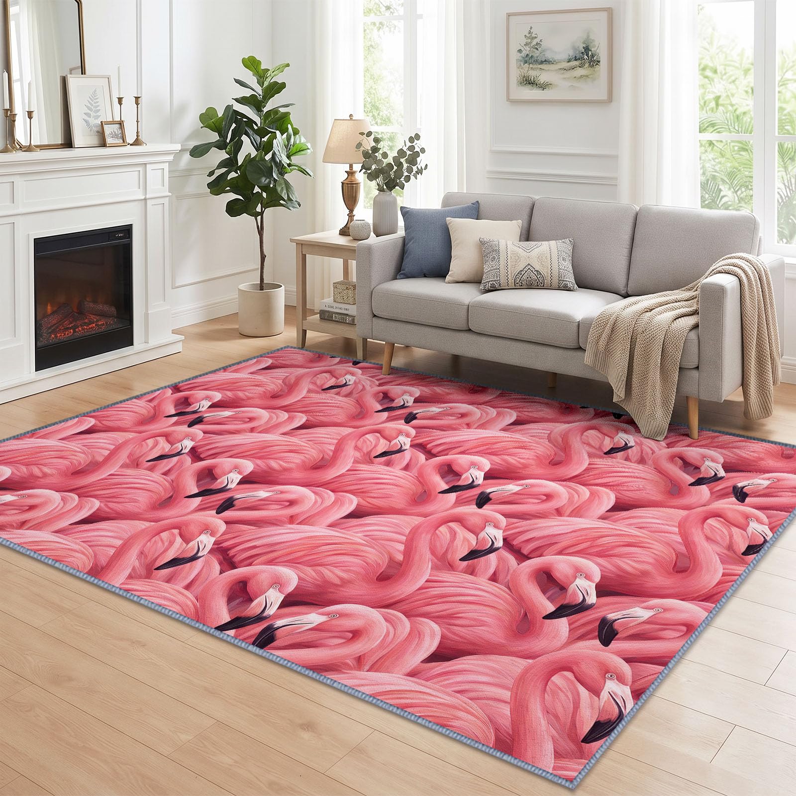 Generisch Tappeto con fenicotteri e animali, per soggiorno, camera da letto, studio, ufficio, stile tropicale, facile da pulire, resistente, 160 x 230 cm
