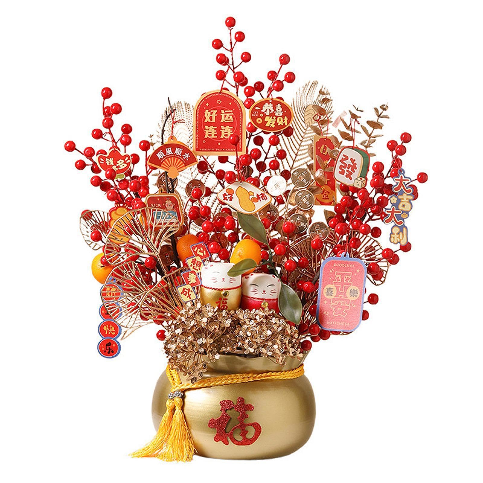 Zambuph 2025 Spring Festival Artificial Potted Plant Serving As Beautiful Gift Featuring Unique Bonsai Any Occasion Feng Shui Ornament Bonsai Artificial Red, Golden Pot, 50x60cm