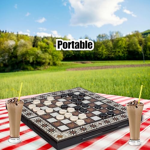 Miniatura 5 de LaModaHome - Juego clásico de backgammon para adultos y niños, tabla plegable de madera, ropa magnética, diversión para familiares y amigos, juego