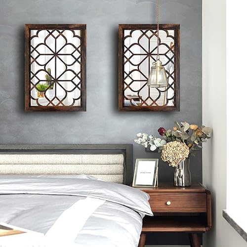 Miniatura 3 de Wocred Juego de 2 espejos rectangulares de pared, hermoso espejo rústico de estilo rústico, espejo de entrada de color caramelo para renovación de