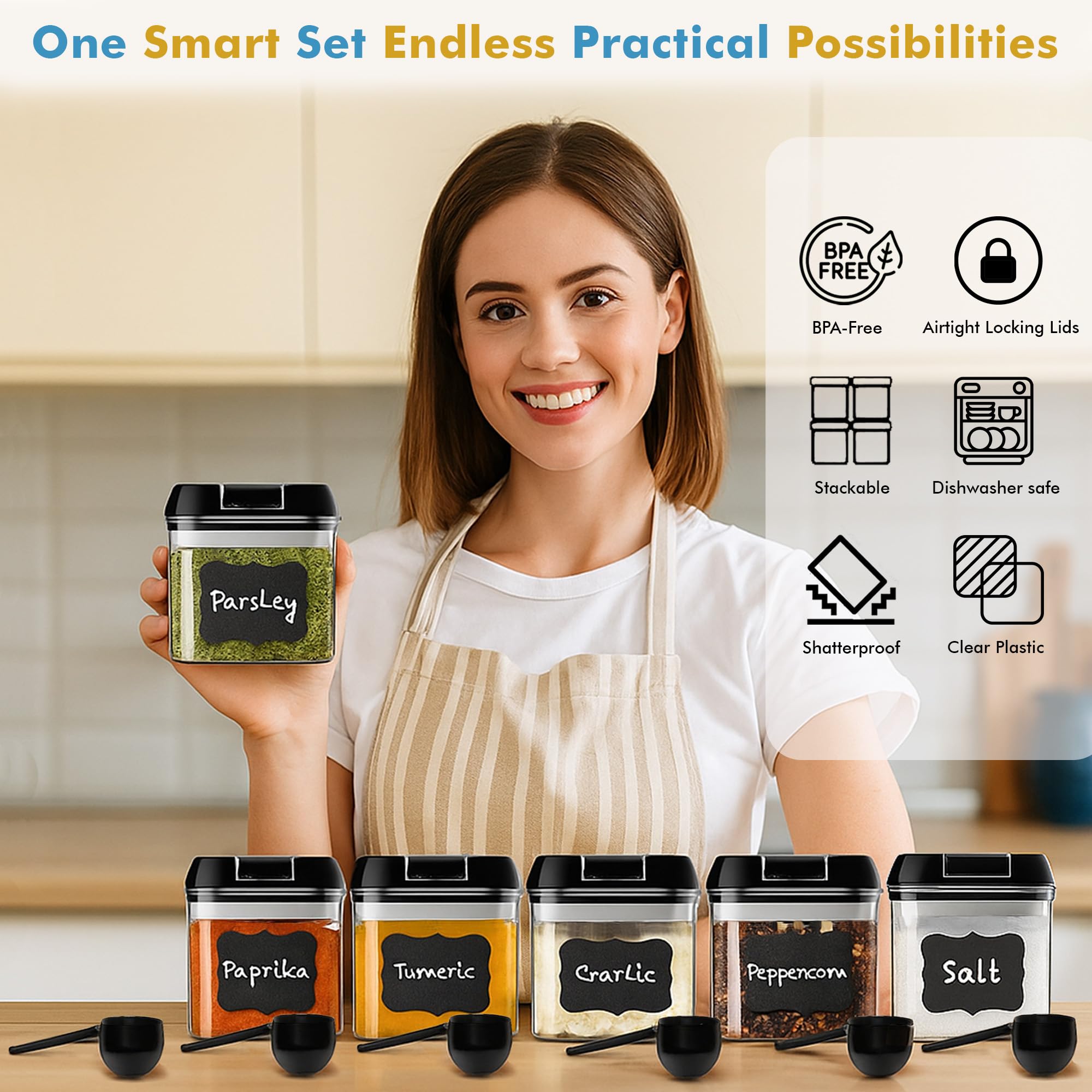 Shazo Juego de 6 mini recipientes herméticos + 6 cucharas, recipientes de plástico transparente duraderos para almacenamiento de alimentos con tapas, recipientes de despensa para armario de cocina