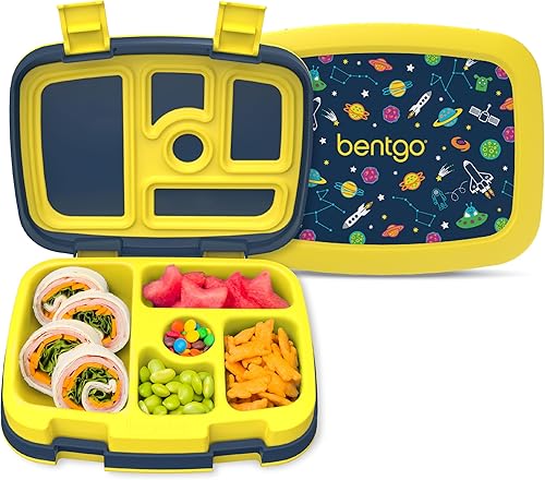 Bentgo Kids Prints - Lonchera infantil a prueba de fugas, 5 compartimentos, estilo Bento, tamaños de porciones ideales para edades de 3 a 7 años,