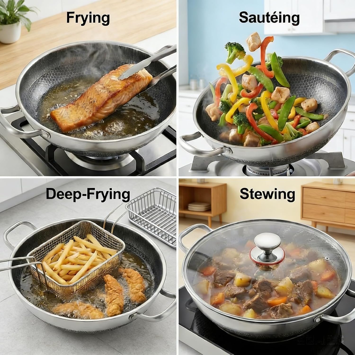 Wok, 14 Inch Hybrid Woks, Honeycomb Stainless Steel Wok, Double Sided Flat Bottom Multipurpose Cooking Pan for Induction & Gas Stoves,with lid,14.2in