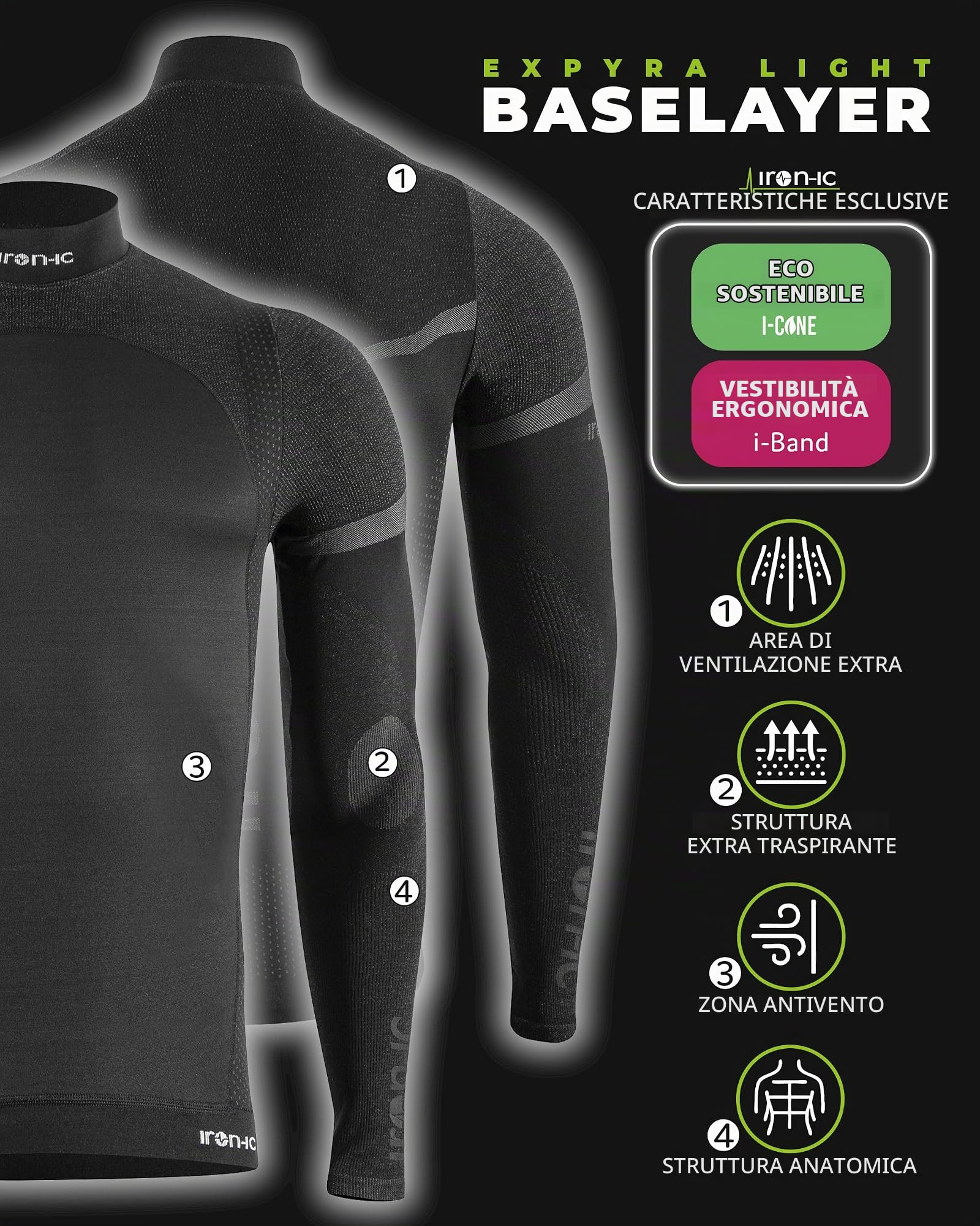 Iron-Ic - T-Shirt Uomo Maniche Lunghe Thermic Seamless con Struttura Antivento Traspirante - Fitting Slim Compression - Art. 201664