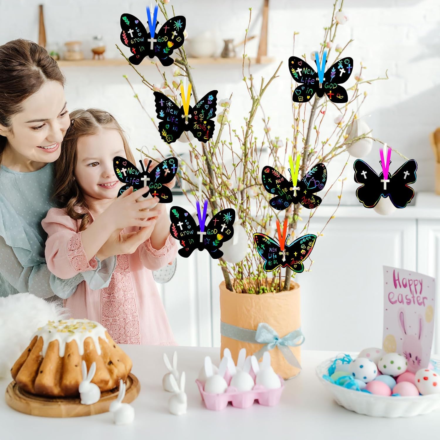HOWAF 36 Pcs Religion Spring Easter Butterfly Scratch Cards, Cross Butterfly Scratch Art Butterfly Rainbow Scratch Off Hanging Card for Spring Easter Sunday School DIY Crafts Decorations
