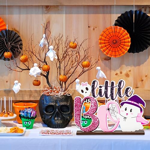 Miniatura 4 de Little Boo - Centro de mesa de madera, 1 letrero de madera rosa y negra con purpurina de Halloween para niños, cumpleaños, baby shower, revelación