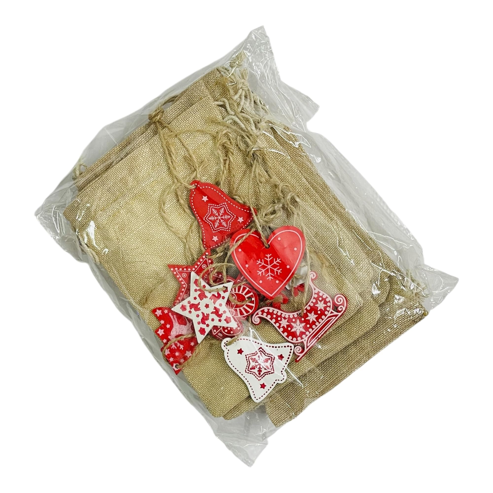 KRIWIN 12 pcs (4X6 inch) Burlap Drawstring Pouches with Red and White Christmas Ornaments, Jute 2