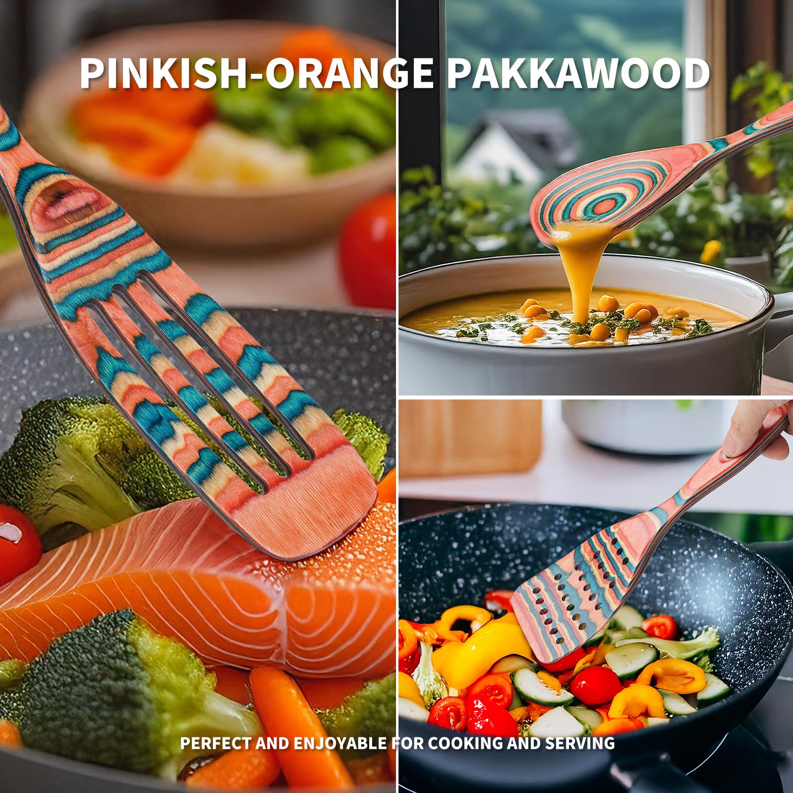 Gudamaye Pakkawood 7-teiliges Kochutensilien aus Holz, Holzlöffel zum Kochen, Holzutensilien-Set, rosa-orange Pakkawood Kochlöffel, Antihaft-Löffel, Pakkawood Küchenutensilien