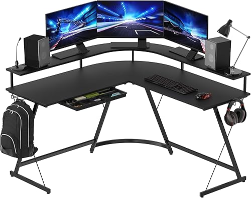 SHW Escritorio para juegos en forma de L con soporte para monitor en U y cajón, color negro
