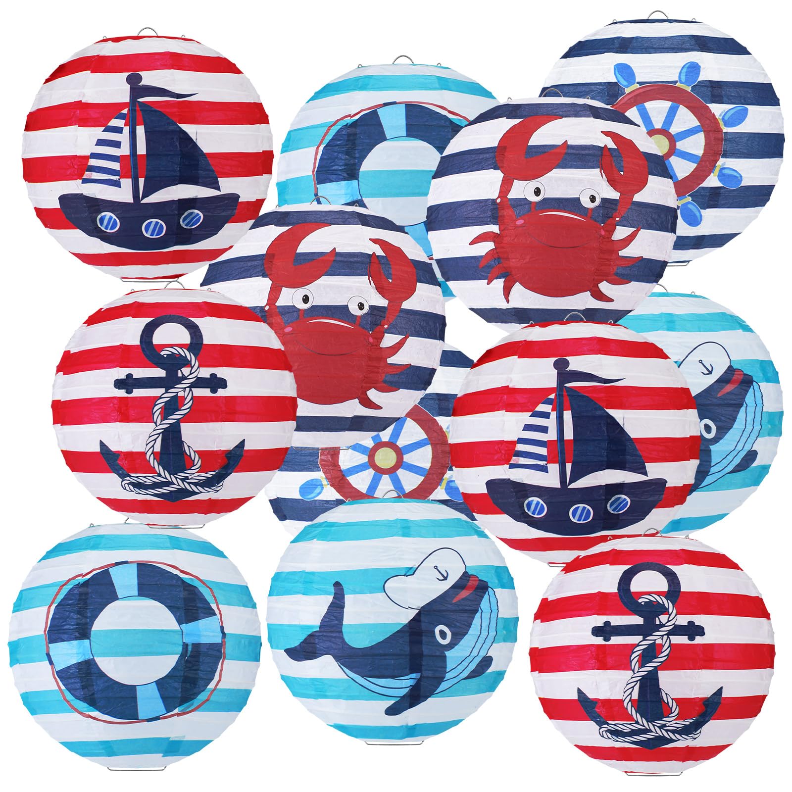 Panelee 12 Pcs Nautical Birthday Party Decorations Anchor Sailor Boat Cruise Ship Theme 8 Inches Hanging Paper Lanterns 8 Inches Round Lanterns for Holiday Navy Baby Shower Party Decor Supplies