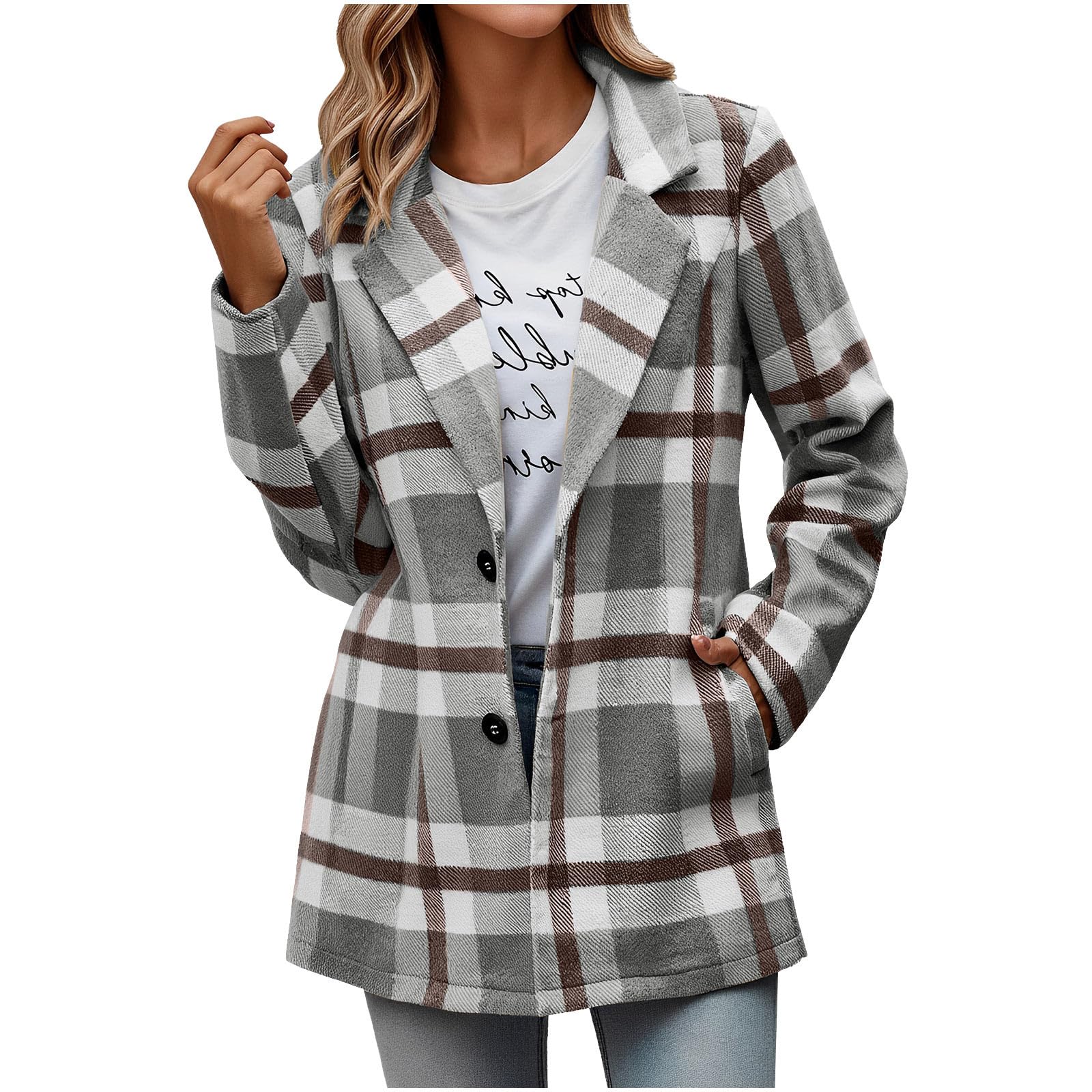 Womens Plaid Blazer Shacket Classic Lapel Collar Single Breasted Blazers Jackets Business Work Suit with Pockets