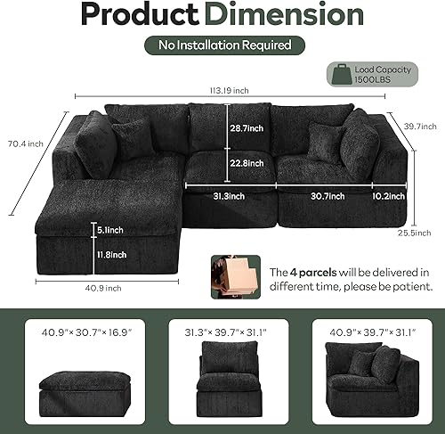 Miniatura 2 de STHOUYN Sofá modular negro de 113 pulgadas sin hueso para sala de estar, sofá modular negro en forma de L con otomana, cómodo sofá esquinero grande