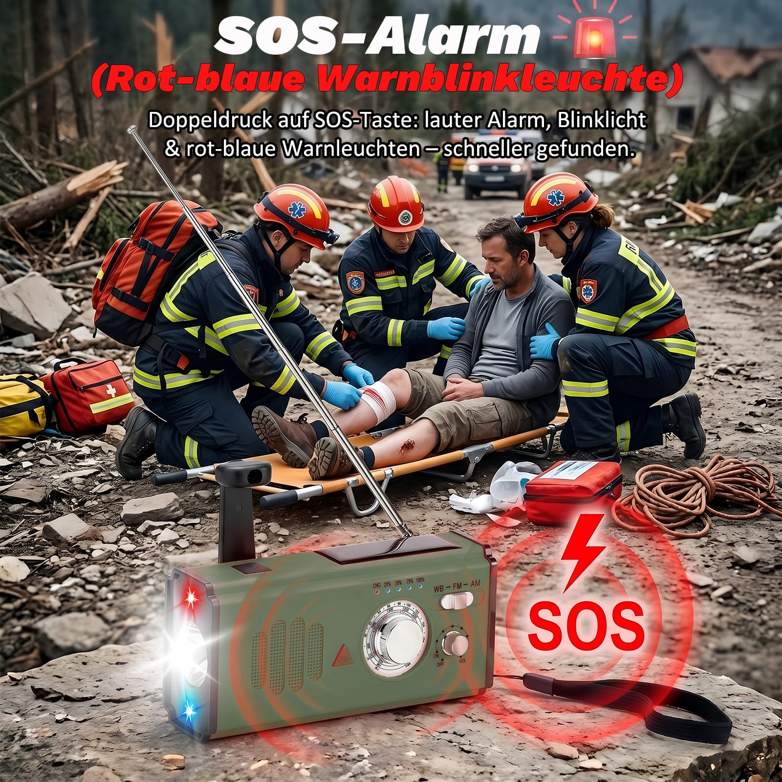 Notfallradio mit Kurbel, 4000mAh Powerbank Batterieradio, AM/FM/WB Weltempfaenger Kurbelradio mit Handyladefunktion, SOS-Alarm und LED-Taschenlampe, Notfallpaket Stromausfall Fuer Camping