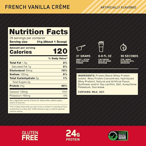 Optimum Nutrition Gold Standard 100% Whey Protein Powder, French Vanilla Creme, 2 Pound (Packaging May Vary)