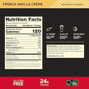 Optimum Nutrition Gold Standard 100% Whey Protein Powder, French Vanilla Creme, 2 Pound (Packaging May Vary)