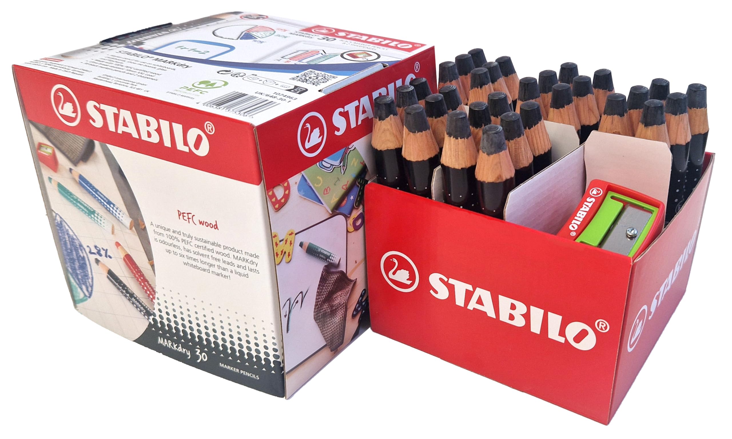 STABILO MARKdry - Whiteboard and Flipchart Marker Pencil - Classpack of 30 - Black with 2 Sharpeners, 30 count (Pack of 1) - Image 2