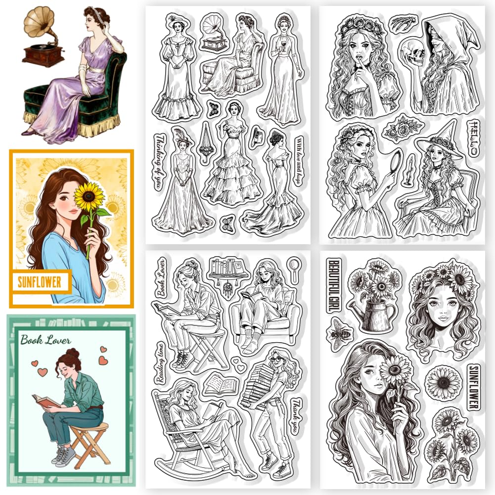 CHGCRAFT 4 Pcs Gothic Elegant Lady Pattern Clear Stamps Retro Reading Woman Silicone Stamp Seal for DIY Scrapbooking and Card Making Paper Craft Decor 6.3 × 4.3 Inch