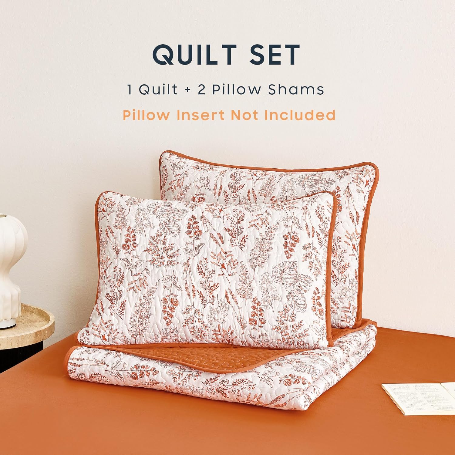 Wake In Cloud - Floral Quilt Set, Botanical Vintage Flower Coquette Cottagecore for Women Teen Girls, Reversible Lightweight Bedspread Coverlet, 3 Pieces, Terracotta Orange, Queen/Full Size - Image 2