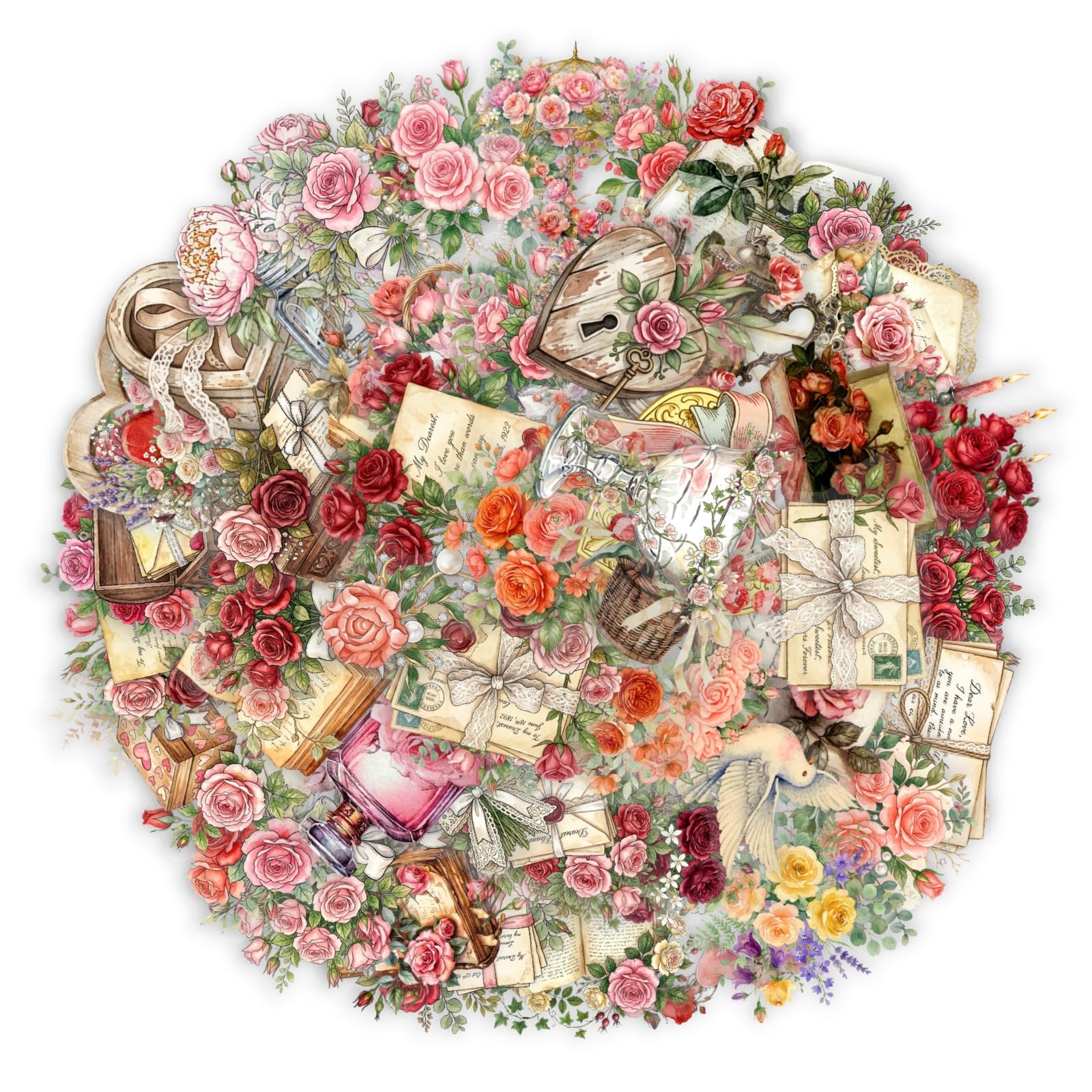 Vintage Rose Scrapbook Stickers, 50PCS Floral Journal Stickers Clear PET for Scrapbooking Planners Collage, Romantic Letter and Bouquet Designs for Teens Adults