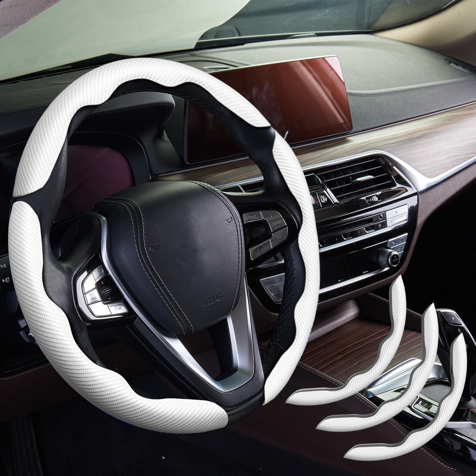 WOCOCN Carbon Fiber Car,Steering Wheel Cover with Non-Slip Lining, Multiple Color Options,Universal for Most Car Interiors Accessories (White 3PCS)