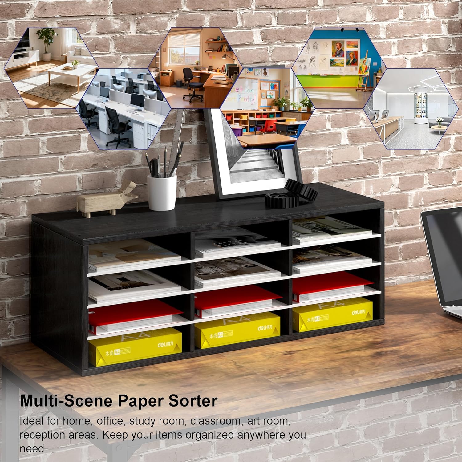 Wood Paper Storage Organizer for Desk, 12 Compartments Wooden File Sorter with Adjustable Shelves, Mail Sorter Organizer Countertop for Office, Home, Classroom，Black and White
