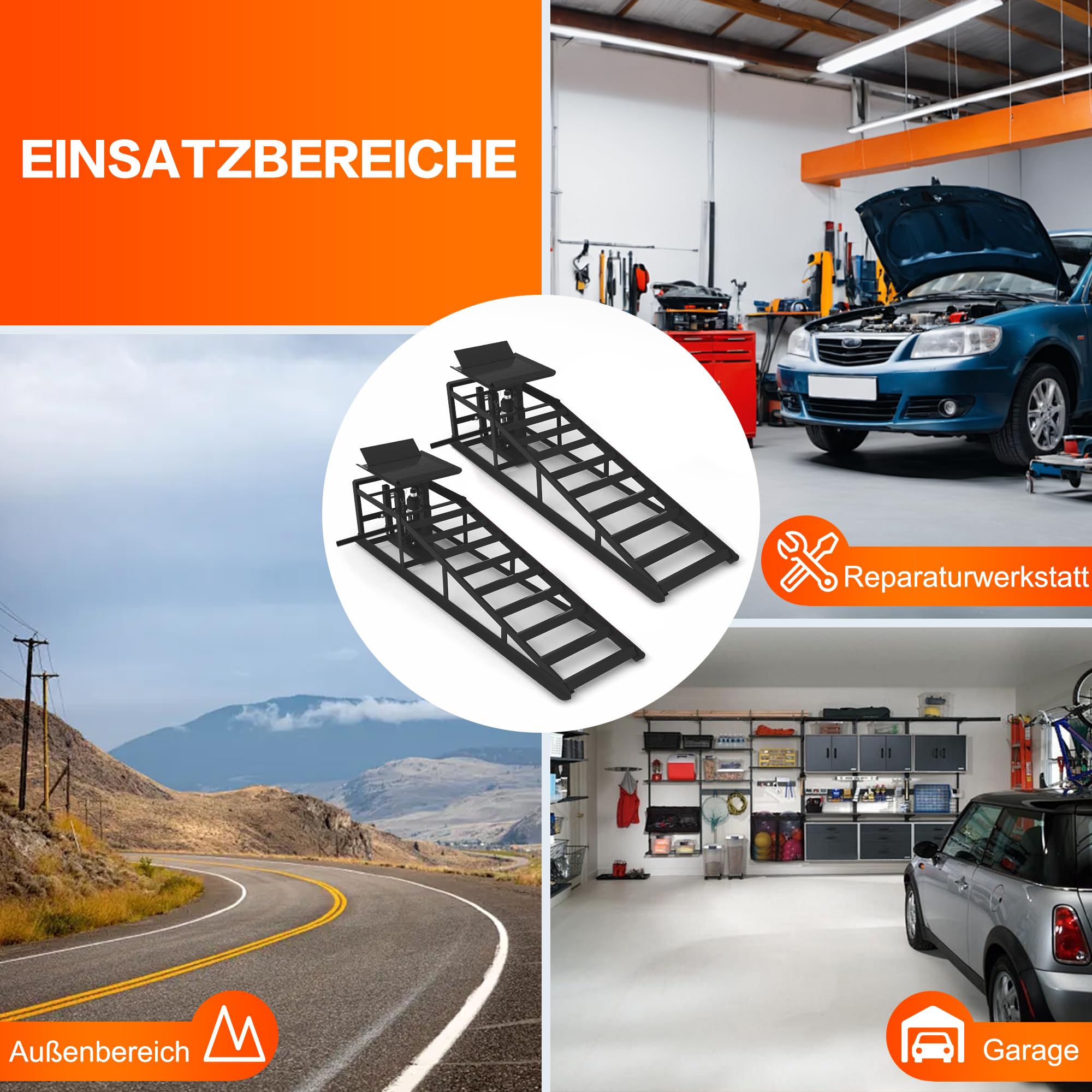 2er-Set Hydraulische Auffahrrampen mit Rollen, 5T Schwerlast-Rampen (11065 lbs) inkl. Hydraulikheber, Tragbare Autohebebühne für Ölwechsel & Heimwerker-Garage, Hubhöhe 23–36 cm (9"–14,2") (Schwarz)