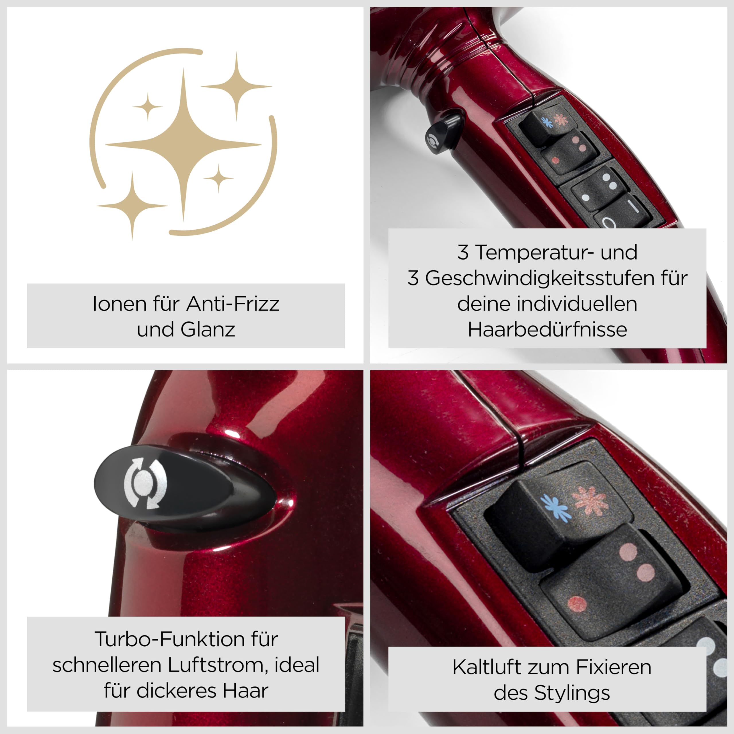 BaByliss Pro Digital Haartrockner mit Diffusor – 2200W Ultra-schneller professioneller Föhn mit Ionen-Technologie, Made in Italy, 3 Heizstufen & 4 Luftstrom-Einstellungen mit Turbo-Taste, Rot, 6001DE
