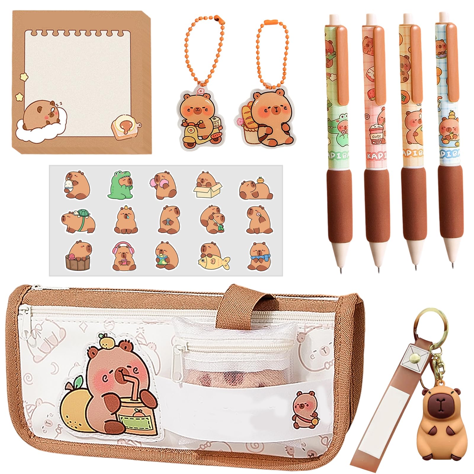 Raveparty Capybara Pencil Case, Kawaii Pencil Case, Cute Stationery Set with Pendant Stickers Post-It Notes for Boys Girls Birthday Gift Back to School Stationery Set (Brown-2)