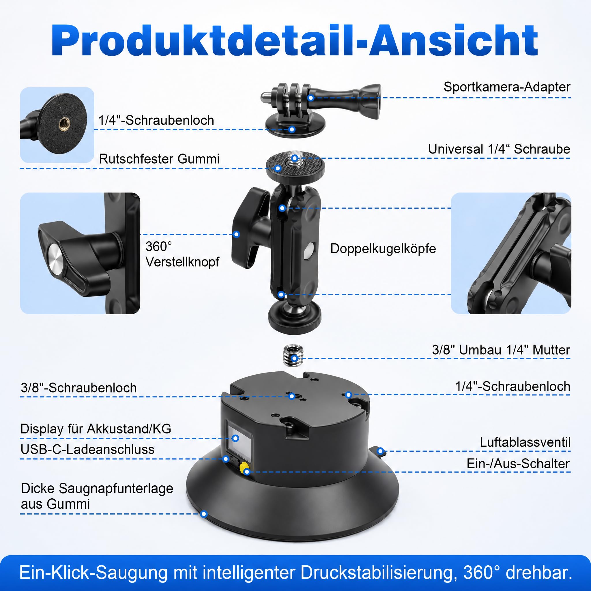 Elektrische Kamera Halterung mit Saugnapf und Aluminium Magic Arm | Kamera Saugnapfhalterung mit Kugelkopf Magic Arm,1/4″Schraube,2000 mAh,Auto-Nachsauge,Typ-C,Auto Halterung für Action-Kameras