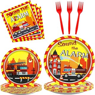 100 Pcs Firetruck Birthday Party Decorations Fireman Plates and Napkins for Firefighter Party Supplies Fire Truck Birthday Theme Disposable Dinnerware Set for Kids Fireman Party Favors Serve 25