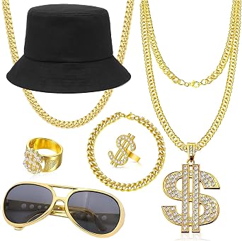 90s Hip Hop 80s Costumes Outfit Kit for Men Women Fake Gold Chain Necklace Dollar Sign Jewelry Rapper Accessories