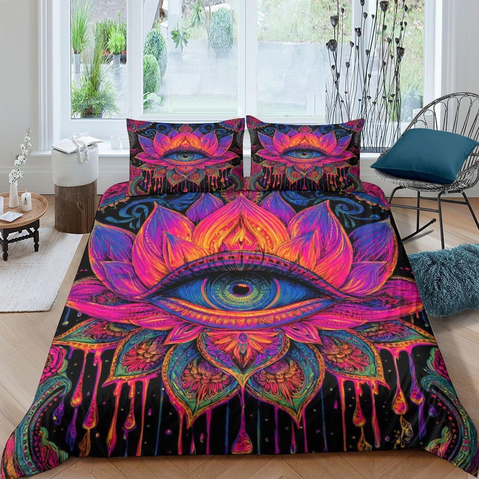 Ctjqhvkz Style-2 3D Printed Psychedelic Eye Fitted Sheet Microfiber Colourful Lotus Bed Cover Anti-Slip Washable Bedroom Dorm Decor Single（135X200cm）