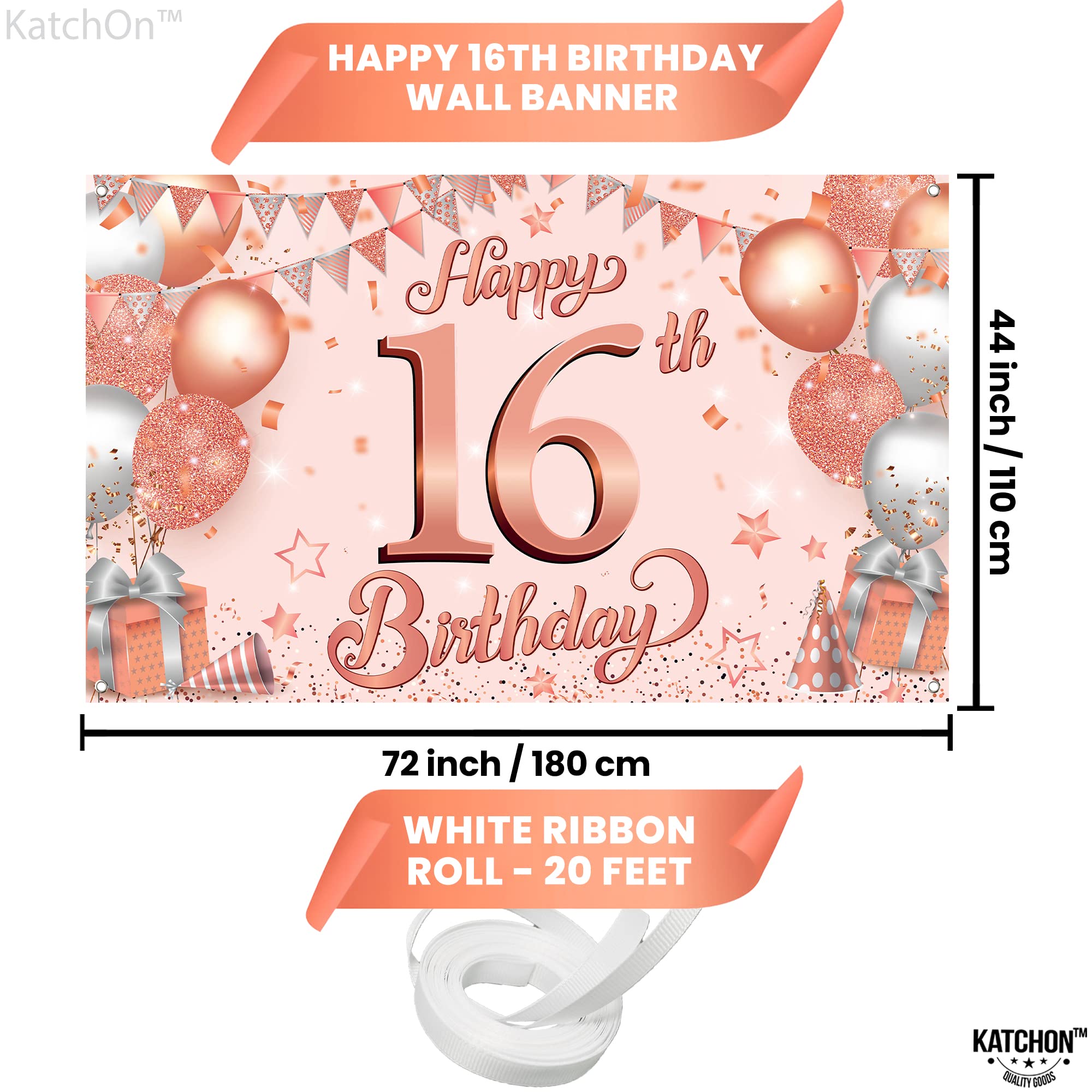 VICSOM Banner 16° Compleanno Oro Rosa – Striscione 180x32 Cm In Poliestere Con Elementi Decorativi, Per Ragazze, Festa, Sfondo Photo Booth - 3