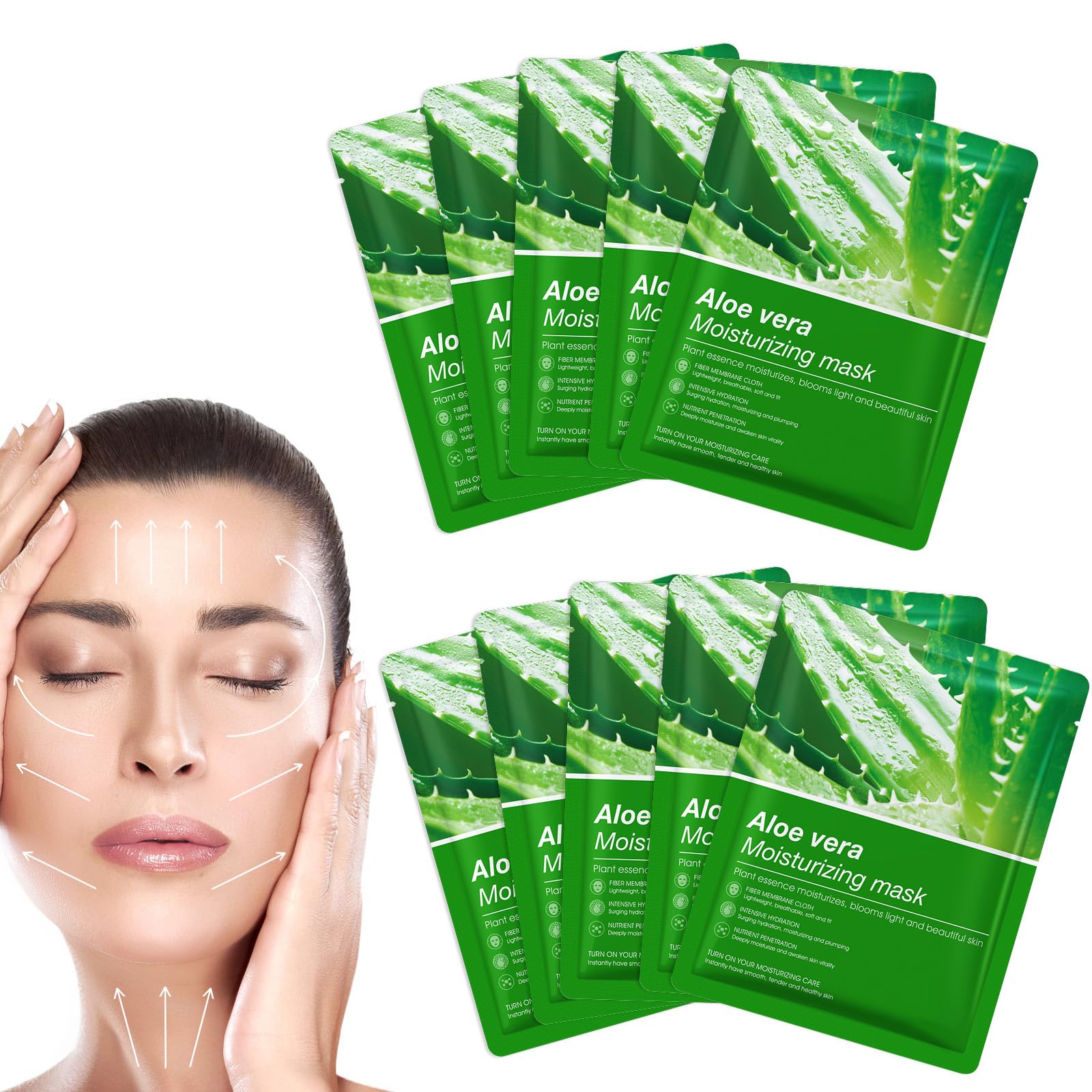 FunnAura 10 Pcs Aloe Vera Face Masks Skincare Sheet, Moisturizing Hydrating Face Mask for All Skin Types, 1 count (Pack of 10)