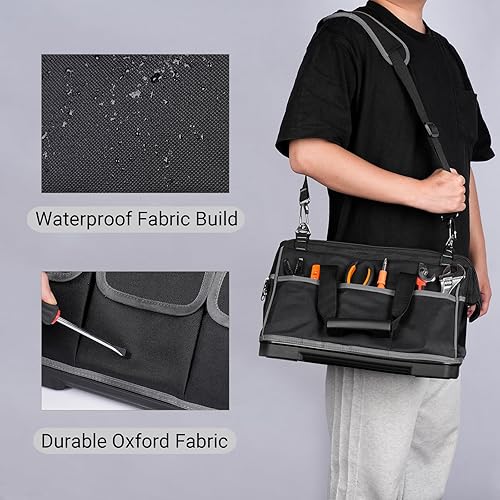 Miniatura 6 de Bolsa de herramientas resistente con 16 bolsillos, organizador de herramientas impermeable de 16 pulgadas con base reforzada, correa de hombro