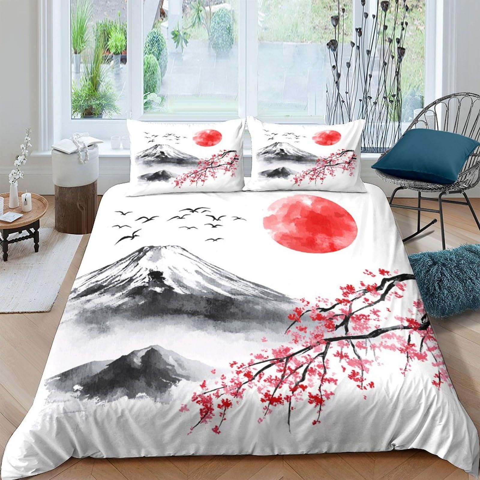 Ctjqhvkz Style-10 3D Printed Japanese Ink Mountain Fitted Sheet Microfiber Soft Red Sun Cherry Blossom Bed Cover For Bedroom Guest Room Single（135X200cm）